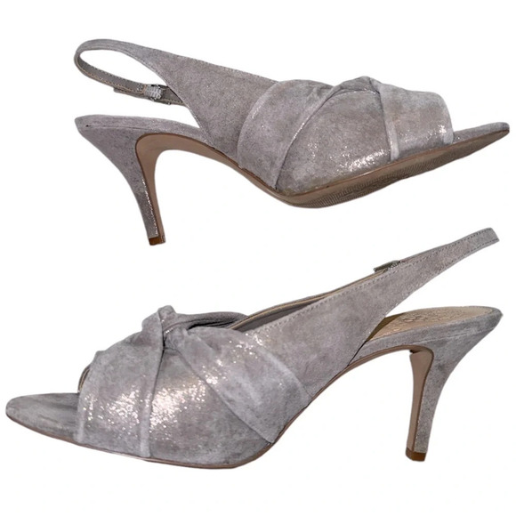 Vince Camuto Shimmery Silver Twist Front Peep Toe Heels 10M - Picture 5 of 8